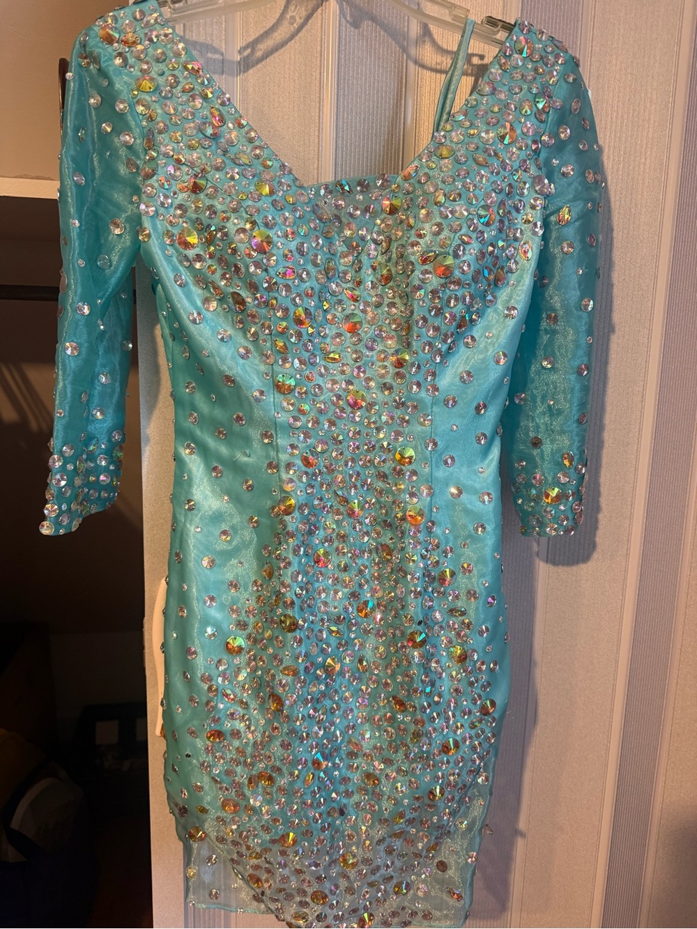Aqua Crystal-Embellished Sheath Homecoming Dress